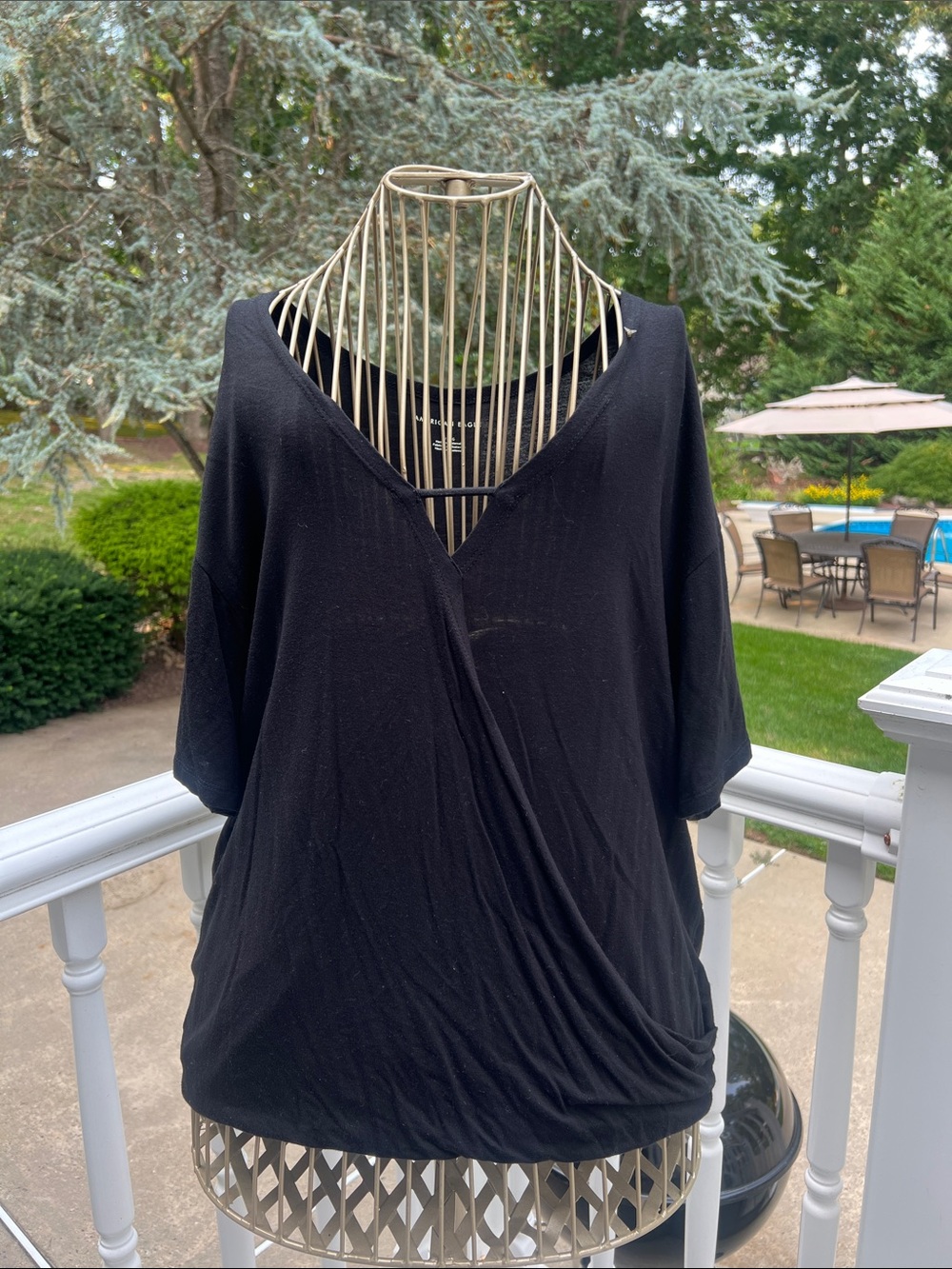 American Eagle Outfitters Black Draped Faux-Wrap V-Neck Top